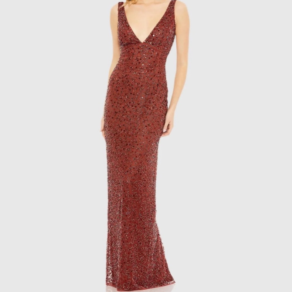 Mac Duggal - Sleeveless Sequined V-Neck Gown | Color: Brick | Style# 93757
